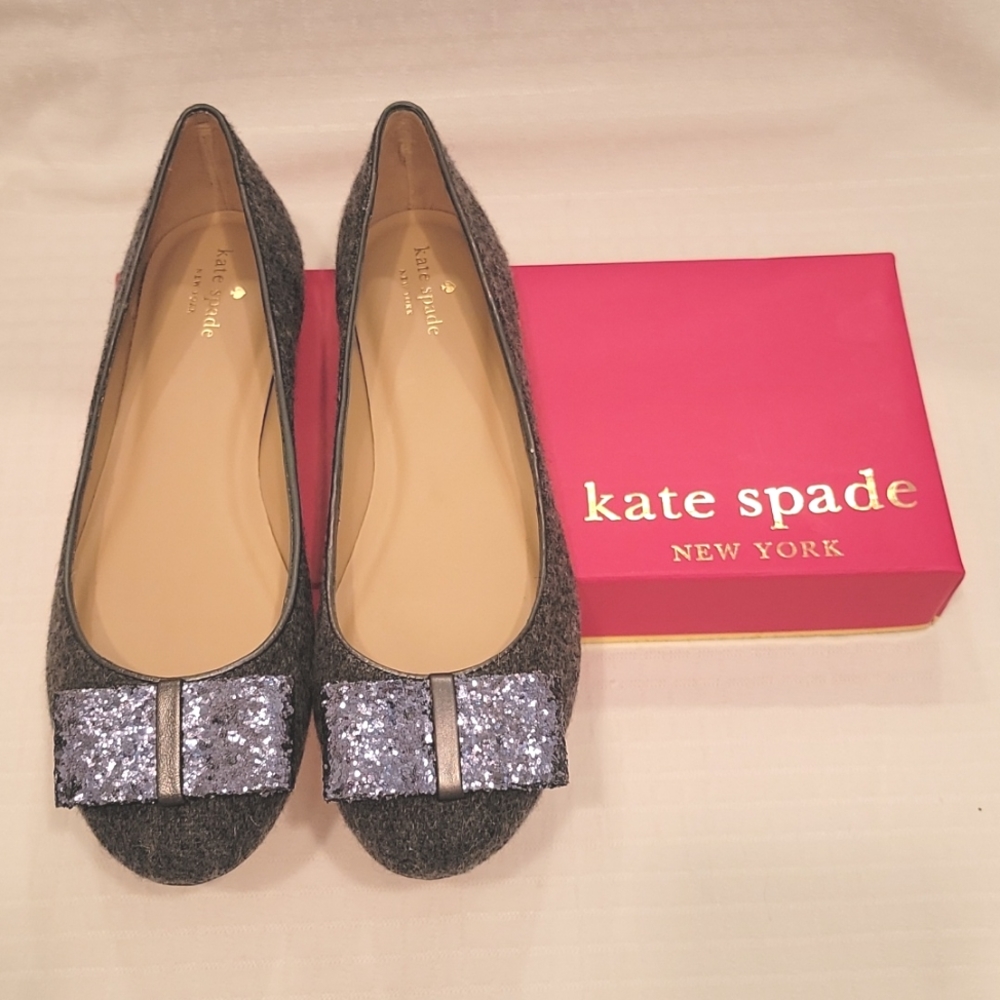 KATE SPADE Flannel Wool Glitter Bow Ballet Flat - NEW, SZ 10